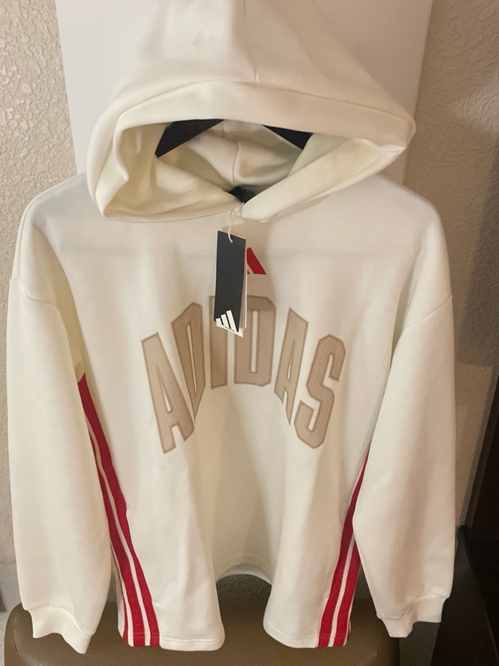 adidas Cream Hoodie with Red Side Stripes